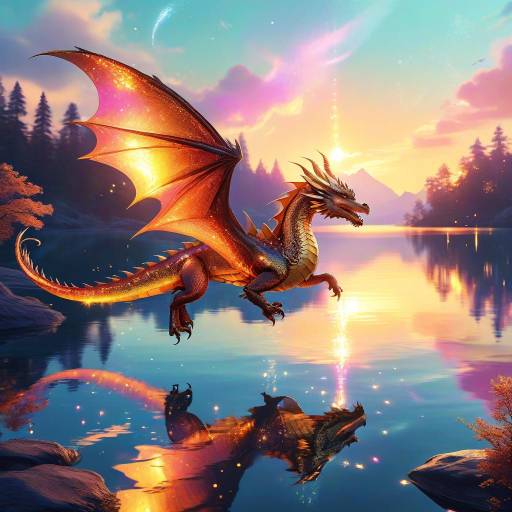 Whimsical Dragon Above Serene Sunset Lake