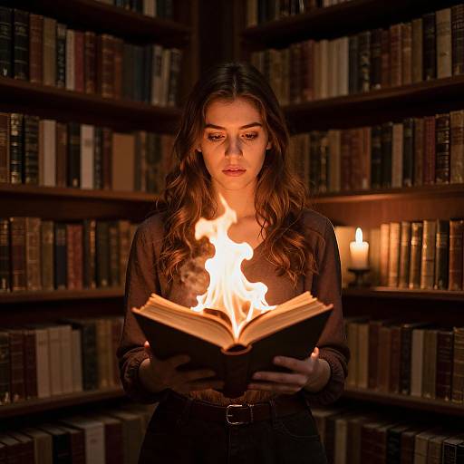 Photograph of a young woman with long brown hair, wearing a black dress, holding an open book with flames rising from it, standing in a dim