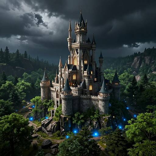 Photorealistic digital artwork of a glowing, medieval castle with blue lights surrounded by dark, stormy sky, lush green forest, and rocky terrain.