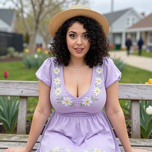 Curly-haired woman with fair skin, large breasts, wearing a lavender dress with white daisies, and a straw hat, sitting on a wooden
