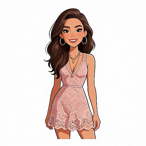 Digital illustration of a smiling woman with long brown hair, wearing a pink lace sleeveless dress, large hoop earrings, and a gold necklace, set against