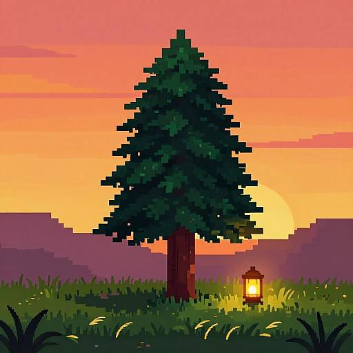 Pixel art of a sunset landscape with a tall, dark green tree, a glowing lantern on grass, and purple mountains.