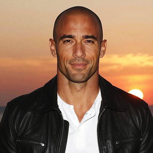 Photograph of a bald, middle-aged man with tanned skin, smiling, wearing a black leather jacket over a white shirt, against a vibrant orange