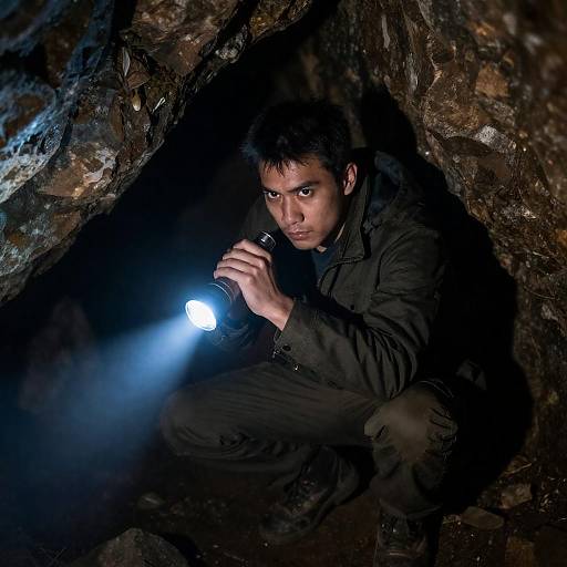 Crouched Man in Cave, Blue Beam