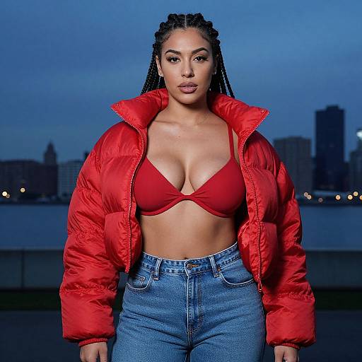 Photograph of a confident, dark-skinned woman with braided hair, wearing a red puffer jacket over a red bra, and high-wa