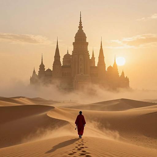 Solitary Figure Approaches Ancient City