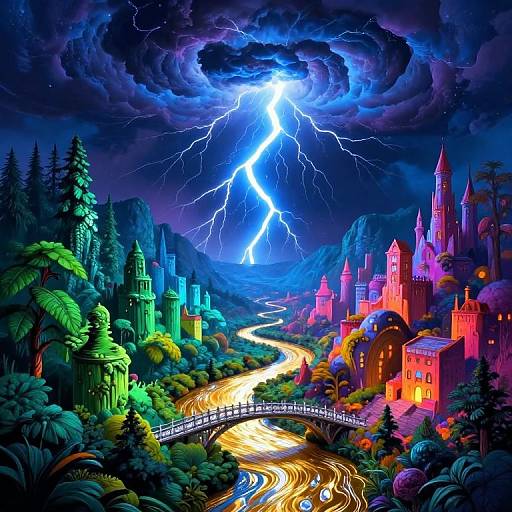 Vibrant digital fantasy landscape: neon-colored castle towers, winding river, bridge, lightning bolt illuminating stormy sky, lush trees, and dramatic
