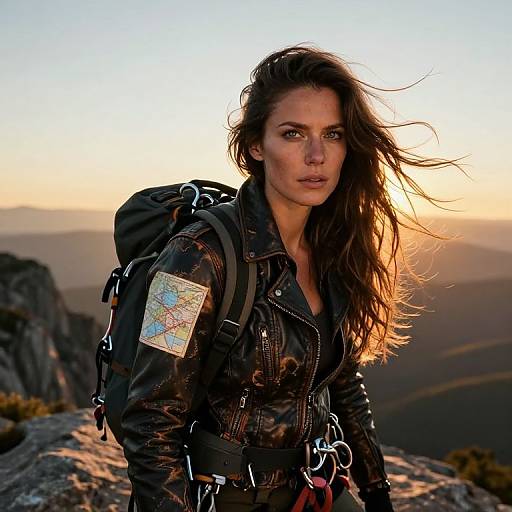 Photograph of a determined, windswept brunette woman in a black leather jacket with a map patch, hiking gear, and backpack, standing on a