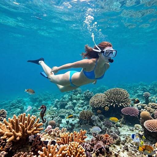 Photograph of a woman in a blue bikini and snorkeling gear, swimming over a vibrant, colorful coral reef underwater.