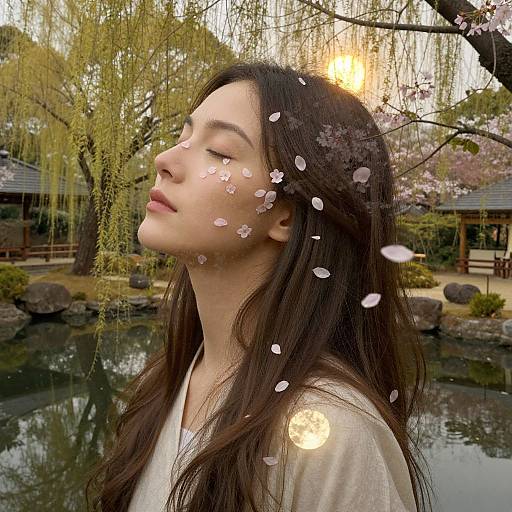Photograph of a serene Asian woman with long dark hair, closed eyes, and pink cherry blossom petals on her face, standing by a tranquil Japanese garden