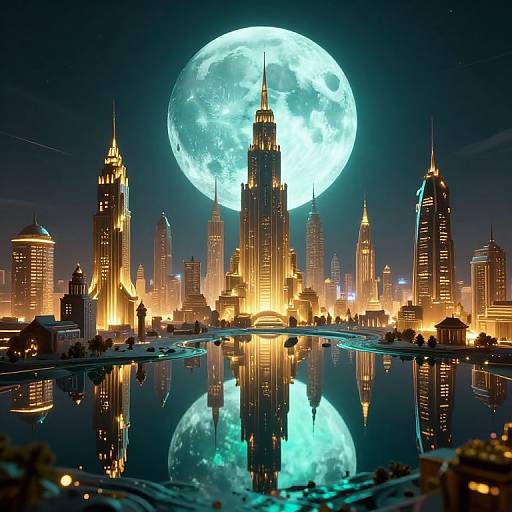 Photograph-style CGI of a cityscape with skyscrapers, illuminated by a large, glowing full moon reflecting in a calm water body.