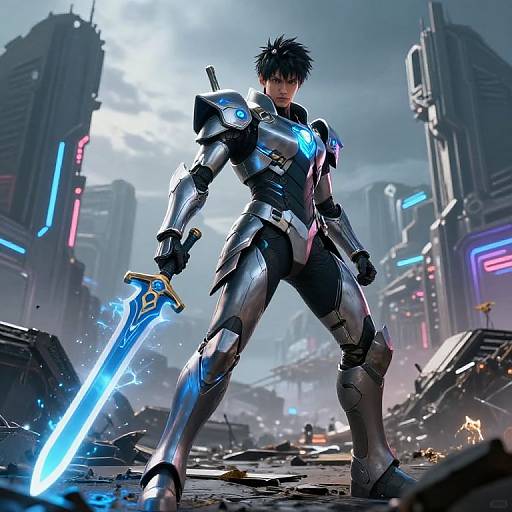 Digital art: Cyberpunk-style warrior with black spiky hair and glowing blue armor, holding a blue energy sword, standing in a futuristic, neon-l