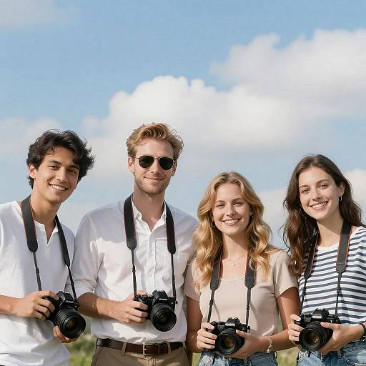 Smiling Photographers Under Bright Blue Sky