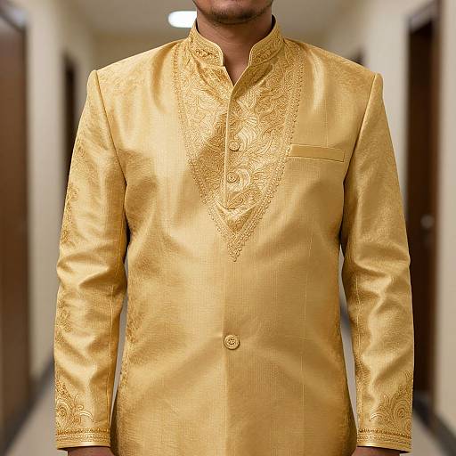 Photograph of a man in a shimmering, gold embroidered traditional long kurta with intricate lacework on the chest and cuffs, standing in a dim