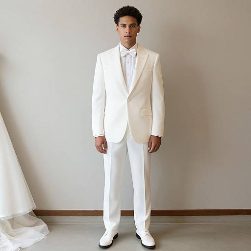 Photograph of a young man with short curly black hair, wearing a white suit, white shirt, and white shoes, standing against a plain white wall