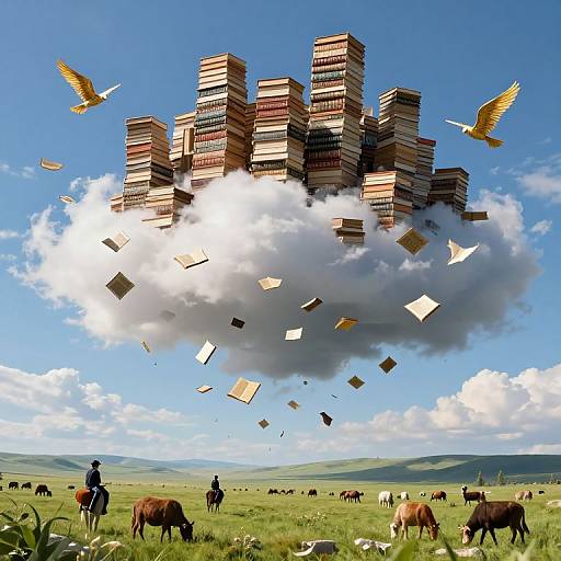 Photograph of a surreal landscape with a cloud-filled blue sky, floating stacks of books, and golden birds, set against a grassy field with grazing