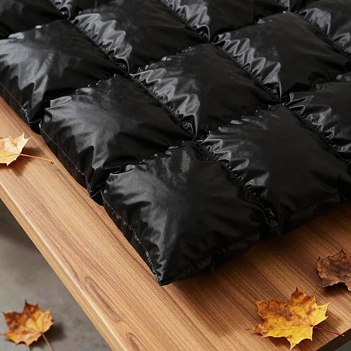Photograph of a black, quilted, puffy jacket resting on a wooden bench with scattered autumn leaves in the background.