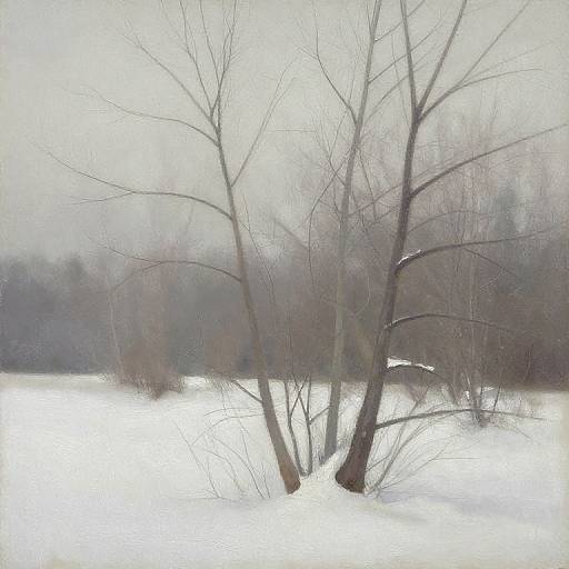 Photograph of a snowy landscape with two bare, leafless trees standing in the center, surrounded by a blanket of white snow and a misty,