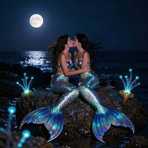 Moonlit Mermaids' Bioluminescent Kiss