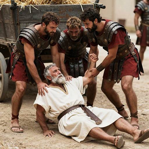 Roman Soldiers Restrain Elderly Man Scene