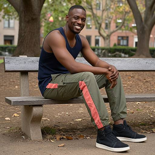 Photograph of a smiling, muscular Black man with short hair, wearing a navy tank top, olive pants with red stripes, and black high-top sneakers