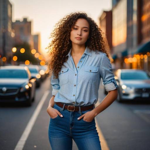 Young Woman Standing on City Street at Sunset