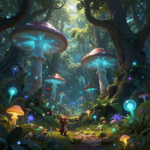 Fantastical forest scene, CGI: glowing mushrooms, bioluminescent flowers, fairy lights, and a small fox-like creature amidst enchanted trees and