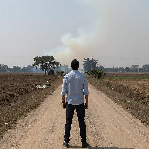 Man Gazing at Smoke Plume in Nature