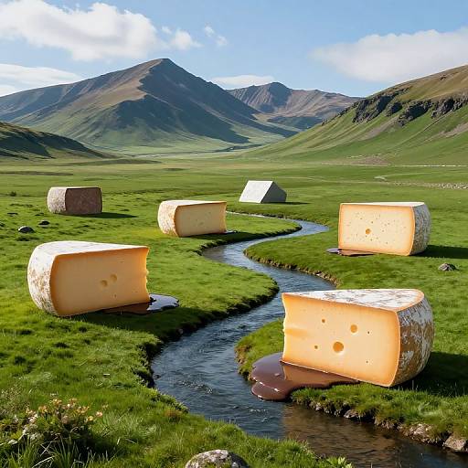 Photograph of large Swiss cheese wheels scattered in a green mountain valley, beside a winding stream under a clear blue sky.