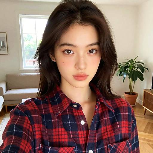 Photograph of an Asian woman with long black hair, fair skin, and subtle makeup, wearing a red and blue plaid shirt, standing in a