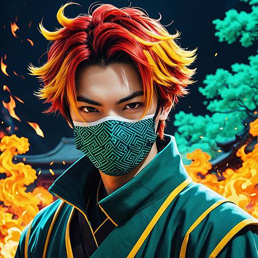 Kawaii Sad Chinese Swordsman with Fire