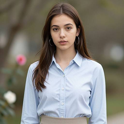 Photograph of a young woman with long brown hair, wearing a light blue button-up shirt and beige skirt, standing outdoors with blurred greenery and flowers