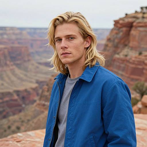 Photograph of a blonde, fair-skinned young man with shoulder-length hair, wearing a blue jacket over a gray shirt, standing against a backdrop of