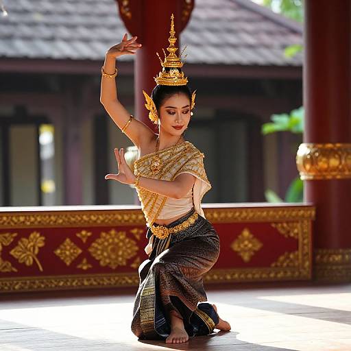 Photograph of an Asian dancer in traditional golden and black attire, kneeling gracefully with arms raised, adorned with ornate headdress, gold jewelry, and