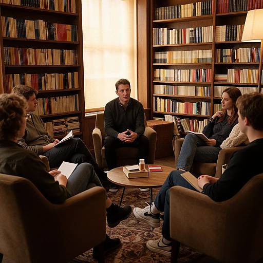 Photograph of five people, casually dressed, seated in a cozy library with wooden bookshelves, engaging in a discussion around a small wooden table.