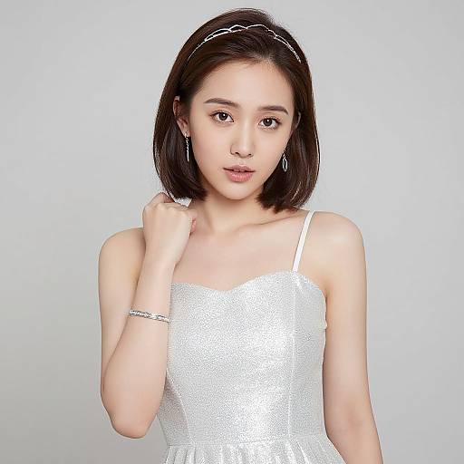 Photograph of a young Asian woman with short black hair, wearing a white, sparkling sleeveless dress, silver headband, and bracelet, against a