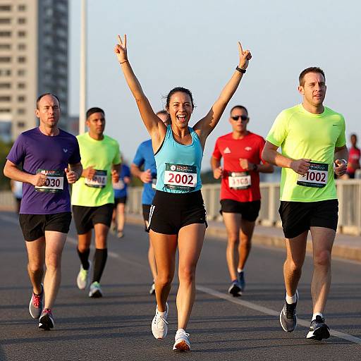 Photograph of a vibrant marathon with a joyful female runner in a blue tank top and black shorts, arms raised, leading male runners in yellow and red