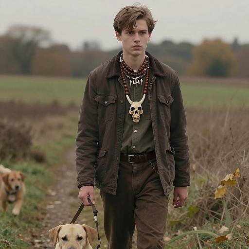 Teenage Boy Walking Dog in Countryside