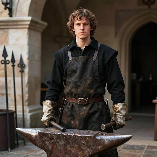 Photograph of a young man with curly brown hair, wearing black medieval attire, leather apron, and brass gloves, standing in a stone archway