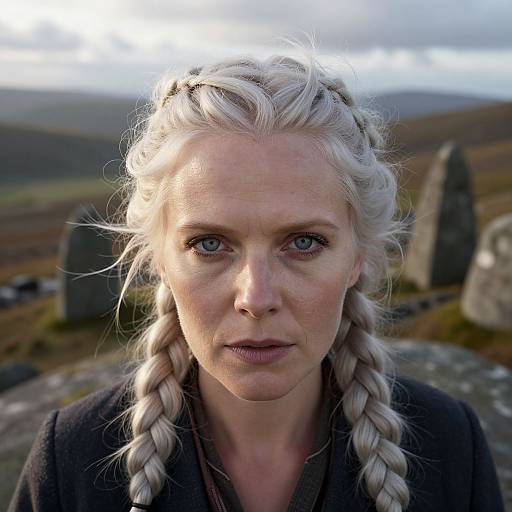 Photograph of a serious, fair-skinned woman with long, braided white hair, blue eyes, wearing a dark cloak, in a cloudy,