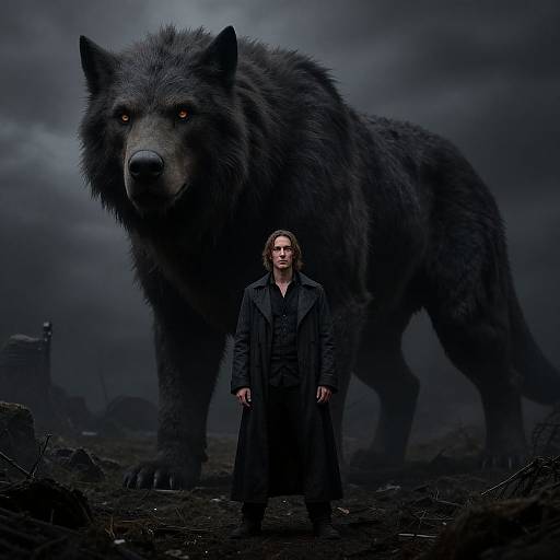 Photograph-style CGI: Tall, serious woman in dark coat stands before enormous, menacing, glowing-eyed, black wolf in stormy, dark landscape.