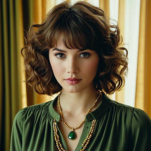 Young Woman with Curly Hair Wearing Olive Green Blouse and Gold Necklace
