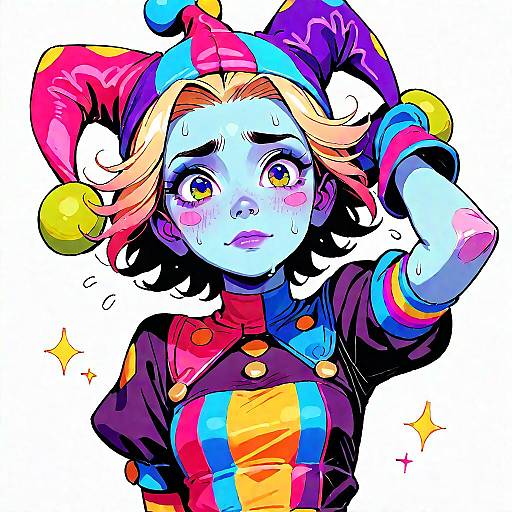 Nervous Anime Girl in Jester Outfit