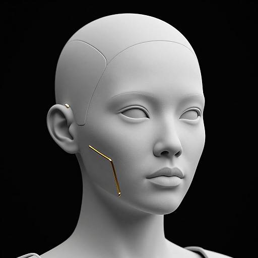CGI image of a white, bald, androgynous humanoid robot with closed eyes, a seamless head, and a golden wire running from cheek