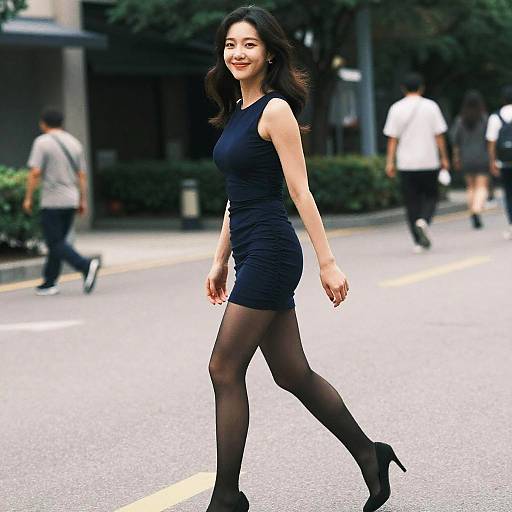 Photograph of a confident Asian woman with long black hair, wearing a form-fitting black dress, sheer black tights, and black heels, walking