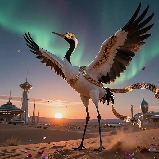 Bioluminescent Crane in Futurist Desert