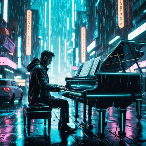 Cyberpunk Pianist Playing Neon Rain