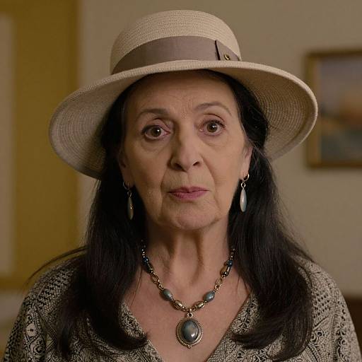 Photograph of an elderly woman with fair skin, black hair, wearing a beige hat, gray lace top, and blue-beaded necklace, with a