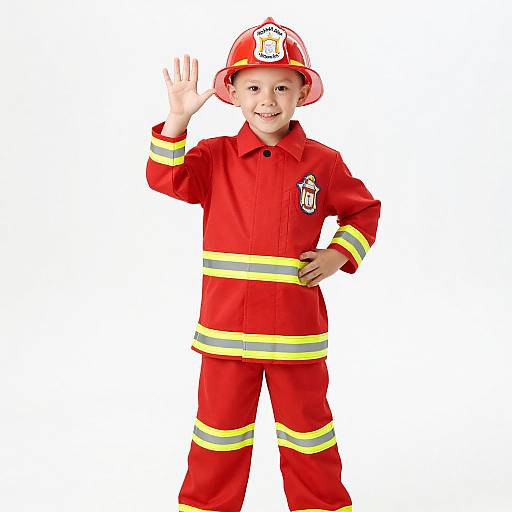 Photograph of a smiling young boy in a red firefighter costume with yellow stripes, red helmet, and waving with his right hand.