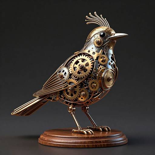 Photograph of a detailed, steampunk-style bird sculpture made from brass gears and metallic components, standing on a wooden base, against a dark gradient